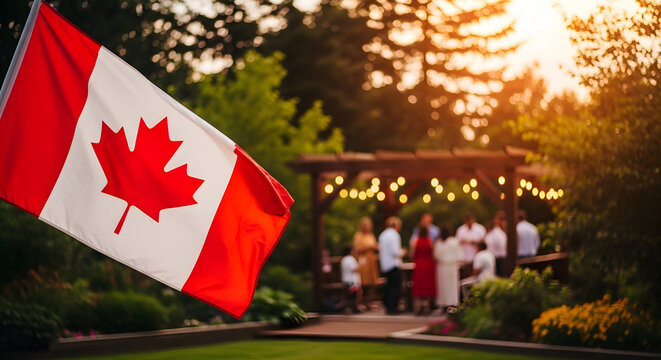 Canada day celebration with canadian flag waving in the garden