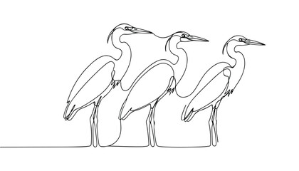Obraz premium Continuous Simple black line art drawing set of Cranes bird in a minimalist style on a white background.