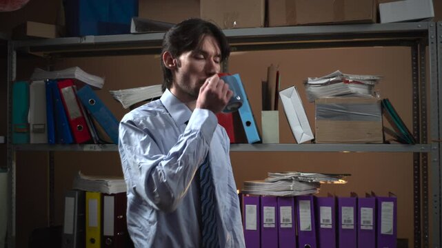 Businessman holding a marker in a dim archive room