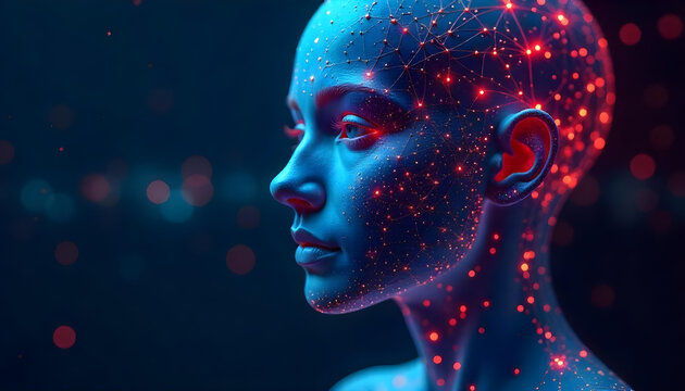 A blue human-like head glowing with red light. It is made up of dots.