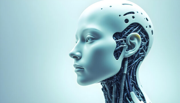 a close up profile of a robot's head, showing intricate wiring and a realistic human-like face