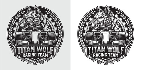 Obraz premium Mecha Titan Wolf Racing Team Emblem with Formula One Car