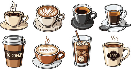 Obraz premium Coffee Drink Vector Set with Hot Espresso, Cappuccino Latte Art, Iced Coffee with Ice Cubes, and Takeaway Paper Cup for Cafe Branding