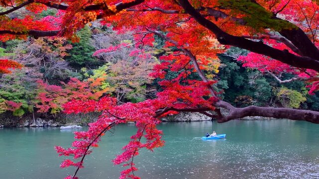 紅葉の京都渡月橋前の桂川で船遊び　