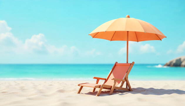 A serene beach scene with an empty lounge chair and an umbrella under a clear blue sky. The calm turquoise water laps gently at the sandy shore, inviting relaxation and escape