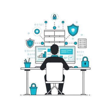 Programmer working on computer analyzing charts and binary code for cybersecurity.