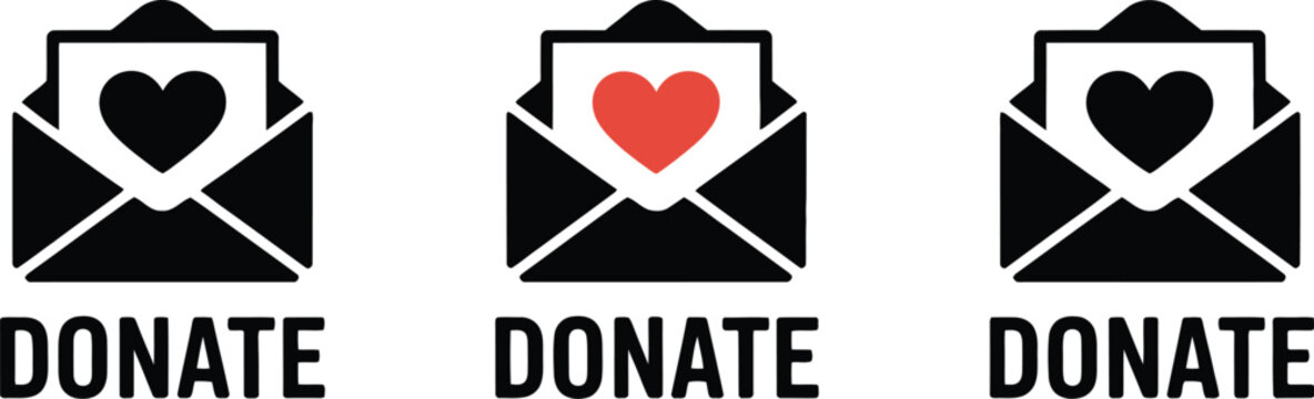 Donate, icons vector, heart envelope donation symbol for community care charitable giving and fundraising campaigns.