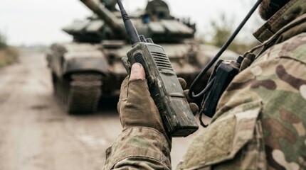 Obraz premium Soldier's gloved hand holding a walkie-talkie with a military tank in the dusty background at sunset