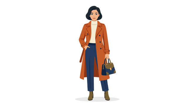 Stylish Woman in Orange Trench Coat, Blue Pants, Holding Handbag - Fashion Illustration