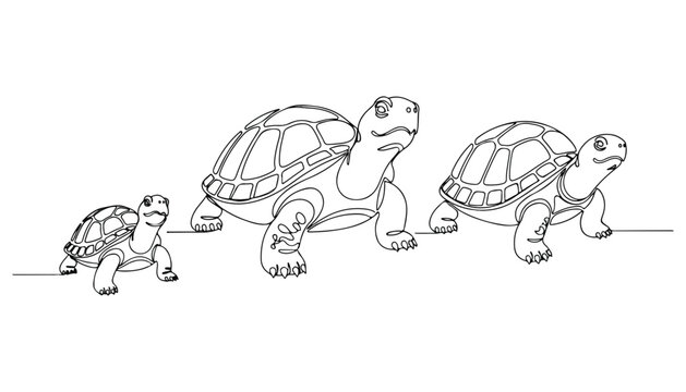 Continuous Simple black line art drawing set of turtle in a minimalist style on a white background.
