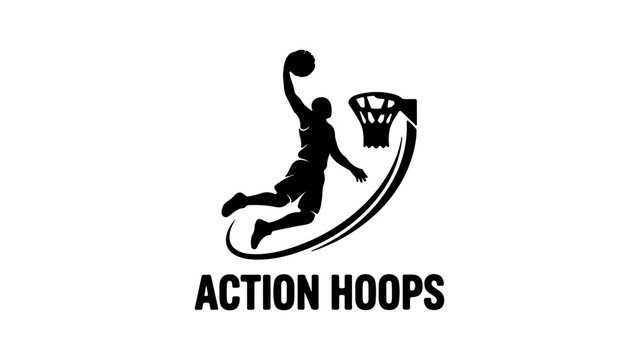 Basketball player silhouette dunking a ball into a hoop with a dynamic swoosh line for a sports team logo design