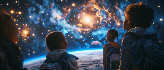 Fototapeta premium Group of children with backpacks gazing at a glowing galaxy above Earth, symbolizing curiosity, science learning, and dreams of space exploration and discovery