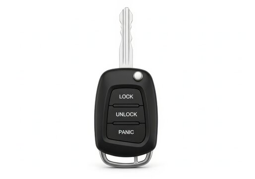 Black car remote key with lock, unlock, and panic buttons