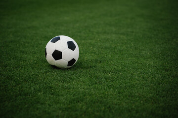 Fototapeta premium A soccer ball rests on a lush green field, symbolizing football competition, teamwork, athletic performance, sportsmanship, and the simplicity of the beautiful game.