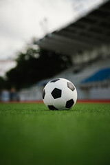 Naklejka premium A soccer ball rests on a green field with a blurred stadium background, representing football competition, teamwork, athletic performance, and the spirit of the game.