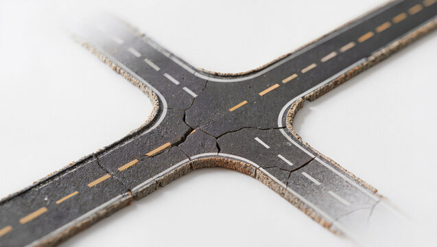 Aerial X shaped road intersection on clean white background, minimal conceptual crossroads, editorial conceptual photography with copy space