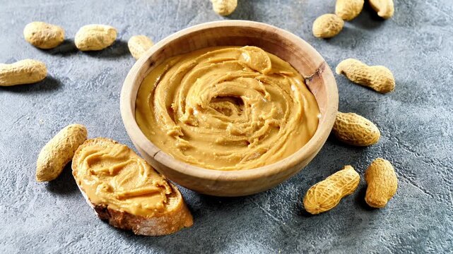 bowl of peanut butter with bread