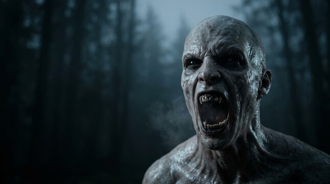 A fierce, fantastical, bald, humanoid creature with black eyes and a gaping mouth in a dark, foggy forest at night.