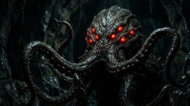 A terrifying space monster with bright red eyes and numerous tentacles emerging from the dark depths. On a black background. Copy space.