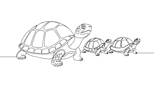 Continuous Simple black line art drawing set of turtle in a minimalist style on a white background.