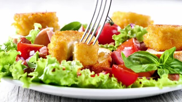 Fresh garden salad with crispy fried goat cheese nuggets tomatoes and fork