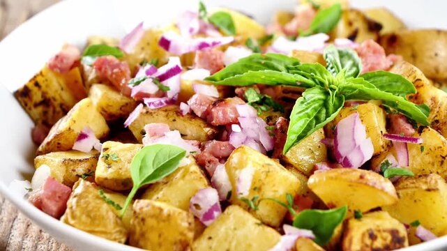 close up of warm roasted potato salad with crispy bacon bits red onion and fresh basil