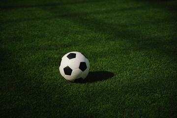 Fototapeta premium A soccer ball rests on a lush green field, symbolizing football competition, teamwork, athletic performance, sportsmanship, and the simplicity of the beautiful game.