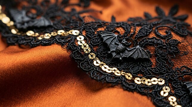 Luxurious black lace trim with elegant bat motif and shimmering gold sequins adorns soft orange satin fabric for a mysterious gothic aesthetic