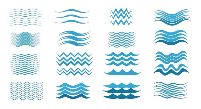 Blue wave line icons set, abstract water ripple vector elements, geometric ocean and sea wave patterns for logo design and branding