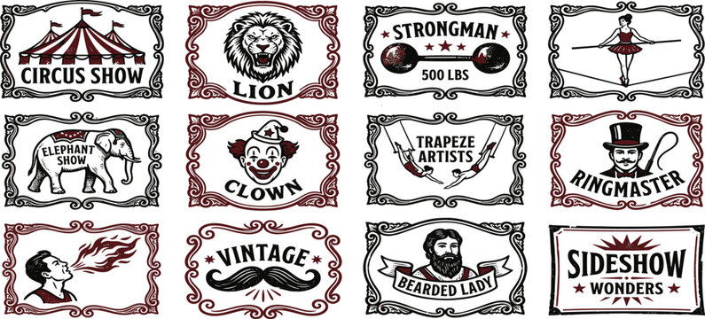 Vintage Circus Show Ticket and Label Collection with Detailed Retro Illustrations of Performers Carnival Animals and Sideshow Wonders Vector Designs