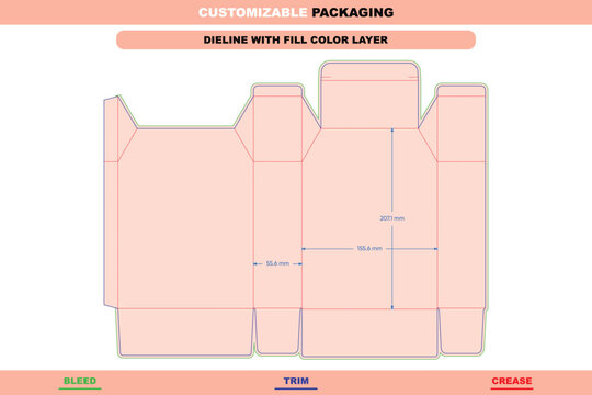 Angled tuck end box dieline template with slanted fold structure, featuring bleed, trim, and crease lines with dimension annotations in millimeters