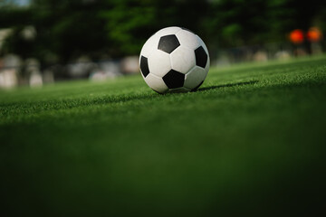 Fototapeta premium A soccer ball rests on a lush green field, symbolizing football competition, teamwork, athletic performance, sportsmanship, and the simplicity of the beautiful game.