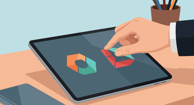 Close-up of a hand precisely adjusting geometric shapes in a digital design process