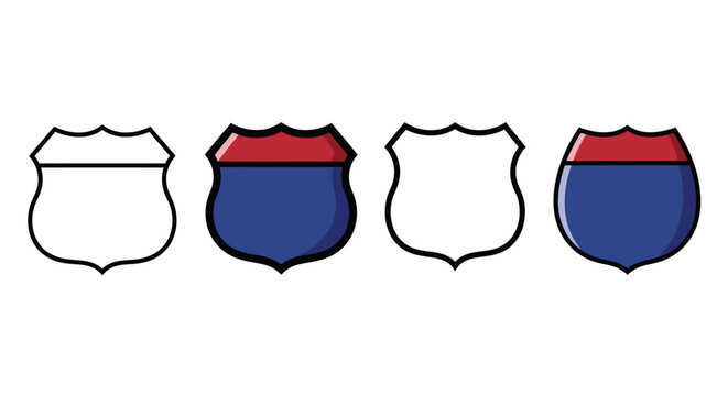 Vintage highway shield icons set, blank interstate road sign vector collection, red and blue american route markers for travel maps