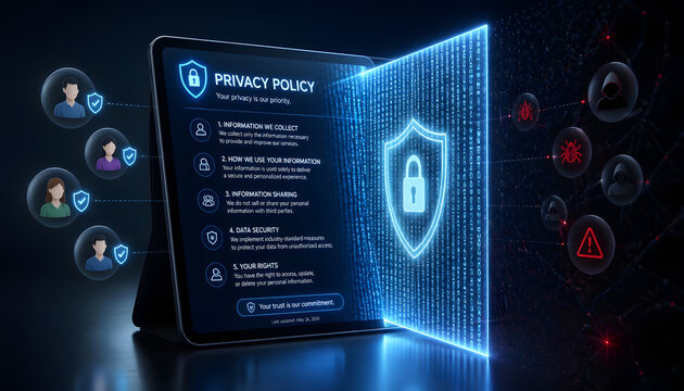 Un tablet digitale aperto che mostra un documento con una rigorosa politica sulla privacy
