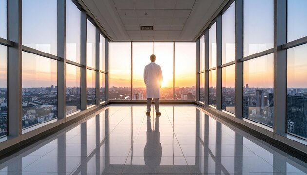 A doctor in a white coat stands in a modern highrise building, looking out at a golden sunset over the city. Symbolic of hope, visionary healthcare, and a bright medical future.