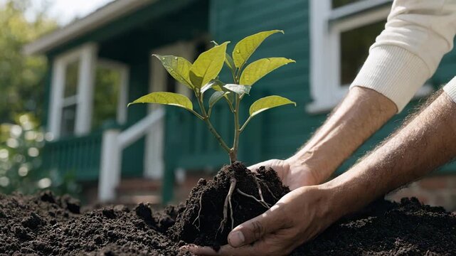 Closeup on hands planting a tree near a green home with the environment softly blurred representing commitment to sustainability in lifestyle marketing.