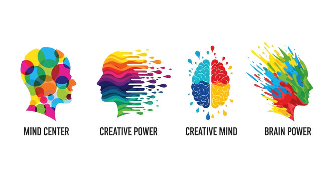Creative mind and brain power logo set, colorful human head profile icons, abstract mental health and psychology vector collection for branding
