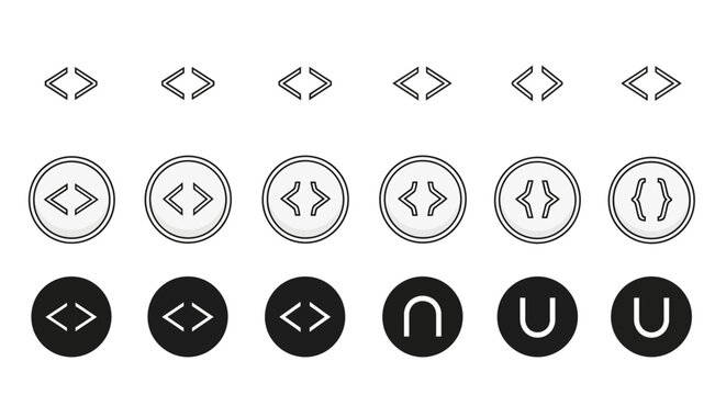 Programming code brackets icon set, minimalist web development symbols, black and white software engineering vector elements for UI design