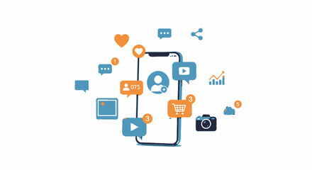 Fototapeta premium Smartphone with social media icons and digital marketing symbols
