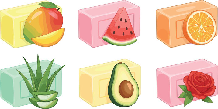 Handmade Soap Collection Set Featuring Mango Watermelon Orange Aloe Vera Avocado and Rose Ingredients for Natural Skincare Illustrations