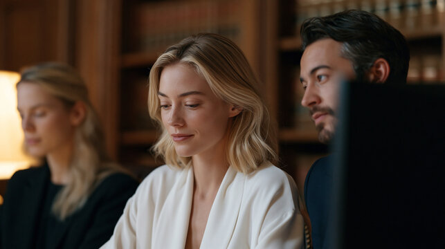 Paralegal reviewing AI-flagged contract clauses side by side with robot document analysis terminal, law office bookshelves behind, legal technology workflow efficiency document
