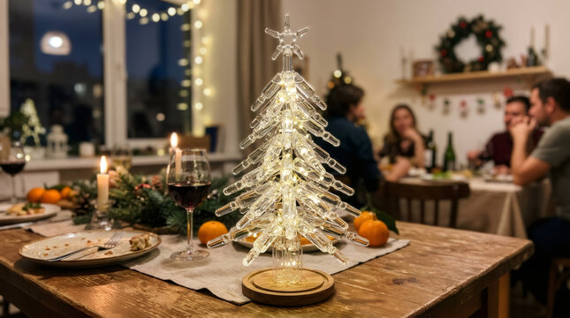 Decorative led christmas tree made of glass ampoules on wooden table. Festive dining room interior with blurred man and woman eating dinner together during holiday season celebration.