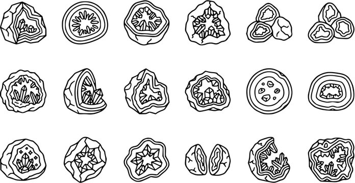 Black and White Line Art of Various Geodes, Crystals, and Agates, Minerals, Gemstones