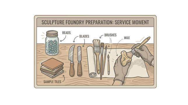 Vector diagram of sculpture foundry preparation tools on table