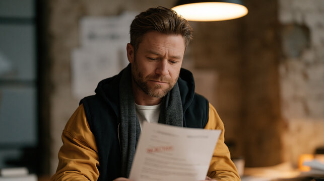 Solo founder reading a printed investor rejection letter at empty communal table, rejection stamped clearly in red across the page, jaw set in quiet determination rather than