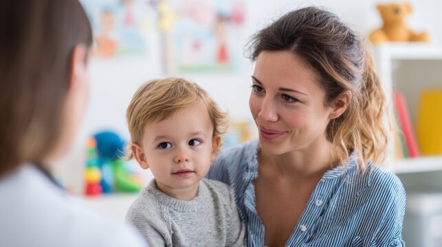 Caring mother interacts with her young child during a consultation with a pediatrician in a bright and friendly environment focused on child health and wellbeing