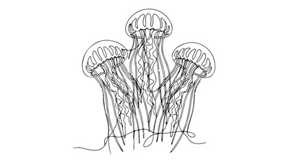 Continuous Simple black line art drawing set of jellyfish in a minimalist style on a white background. © shoshi