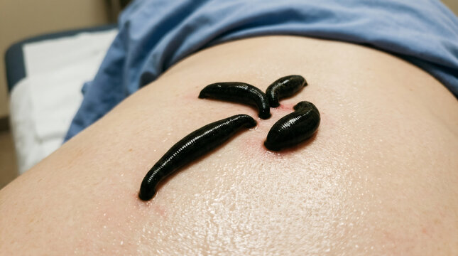 Medicinal leeches attached to human skin for hirudotherapy. Alternative medical treatment using bloodsucking worms. Traditional healing procedure for blood circulation improvement.