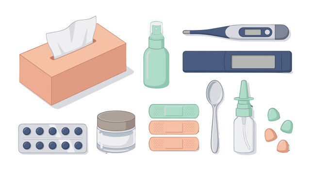 Set of medical and hygiene items in flat vector style
